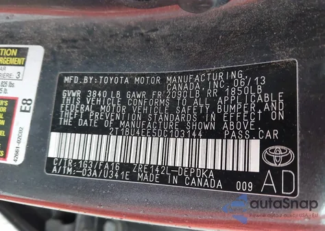 2013 Toyota Corolla L from USA, damaged, VIN 2T1BU4EE5DC103144